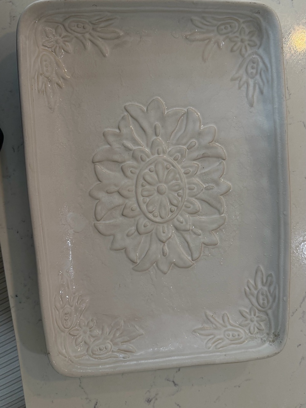 Pottery Barn White Embossed Floral Ceramic Tray Wall Plaque